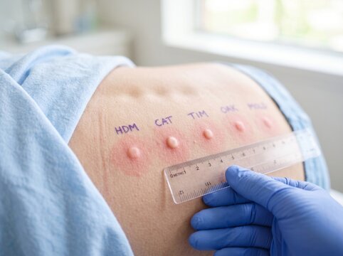 A medical professional performing an allergy test, showing reactions to various allergens