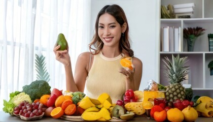 Obraz premium Healthy Asian woman with fresh fruits and vegetables.