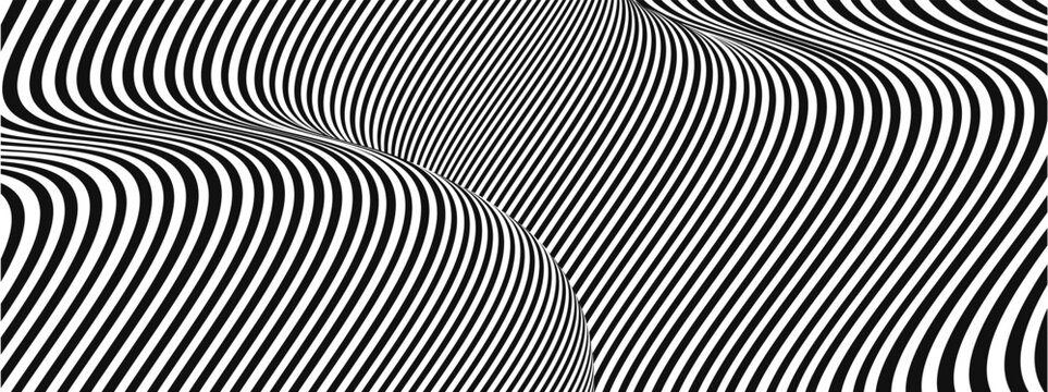 Psychedelic black pattern and line illusion white with stripe art lenticular. Hypnotic wavy wave and swirly optical op with graphic rhythm packaging. Optic effect banner and music print.