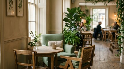 Fototapeta premium Cozy Cafe Interior with Green Plants and Warm Atmosphere