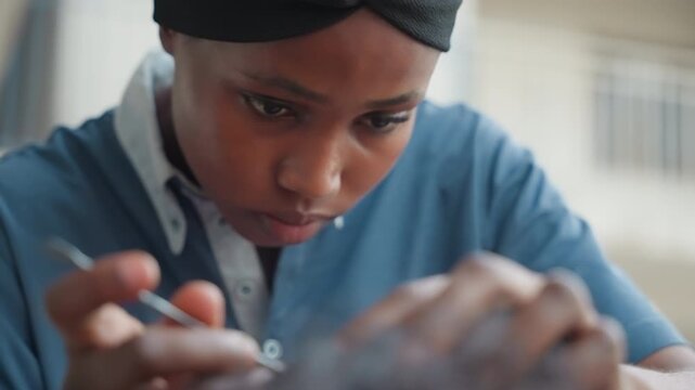 Closeup black woodworker carving wood, intense hands shaping timber with chisel, focused expression, denim shirt, headwrap, workshop background, stepwise restoration, finishing touches, cinematic