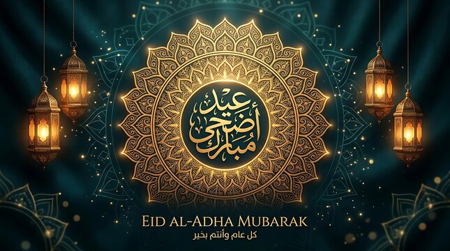 Elegant Eid Al-Adha Mubarak Greeting with Gold Lanterns