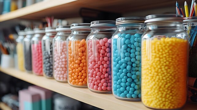 A row of clear glass jars filled with colorful spherical candies arranged neatly on a wooden shelf showcasing vibrant organized storage solutions for craft or kitchen use with bright cheerful tones.