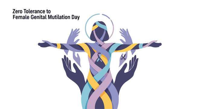 Zero Tolerance to Female Genital Mutilation Day banner, international FGM awareness vector, woman silhouette wrapped in colorful ribbons