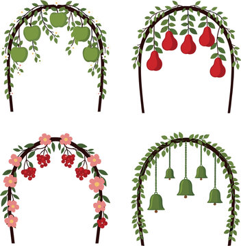 Cute Hanging Fruit and Flower Arch Vector Set Featuring Apples, Rose Apples, Berries, and Bell-Shaped Flowers for Garden, Decoration, and Botanical Designs