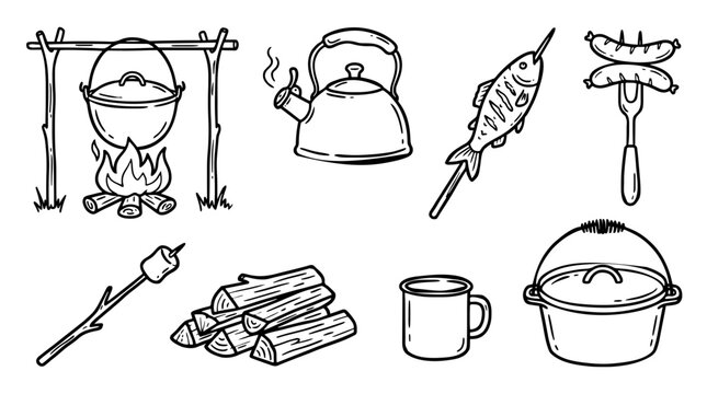 Cozy Campfire Cooking Doodle Icon Set Black and White