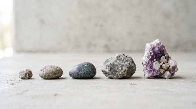 Five stones evolve in size and texture from humble pebbles to a radiant amethyst cluster. This progression mirrors personal growth: the journey from raw potential to brilliant, crystalline maturity.