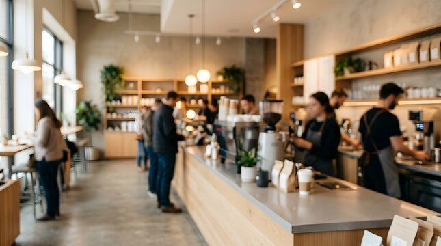 Bustling Modern Coffee Shop Interior with Baristas and Customers
