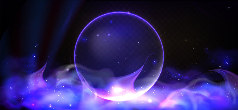 Glowing purple crystal ball with mystical smoke and magical fire energy on dark background, abstract futuristic sphere with sparkling stardust and ethereal light effects for mystery
