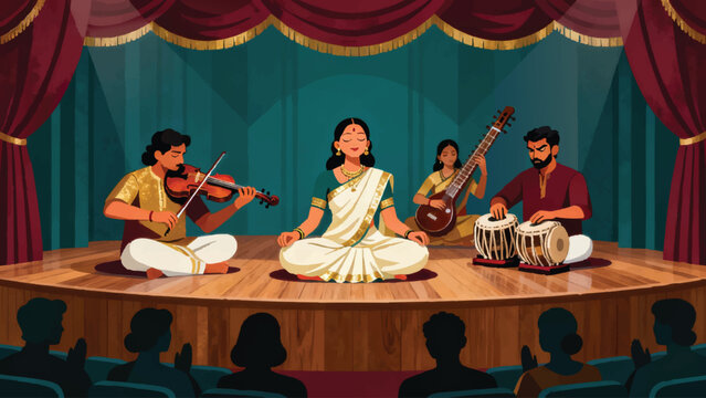 A traditional Carnatic music performance in a sabha hall, central vocalist in silk saree seated cross-legged in perfect posture with eyes closed in musical devotion