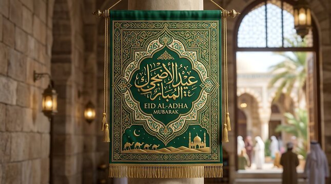 Eid Al-Adha Mubarak Green Banner in Mosque Interior