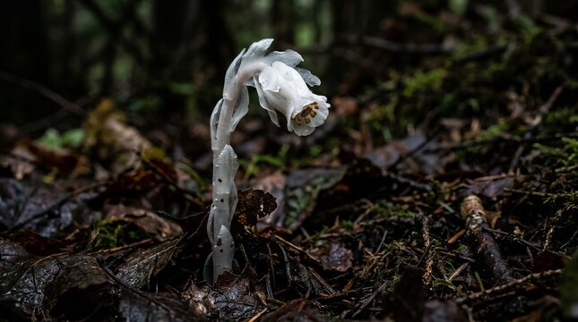 Pale fungus growing among damp forest leaf litter.