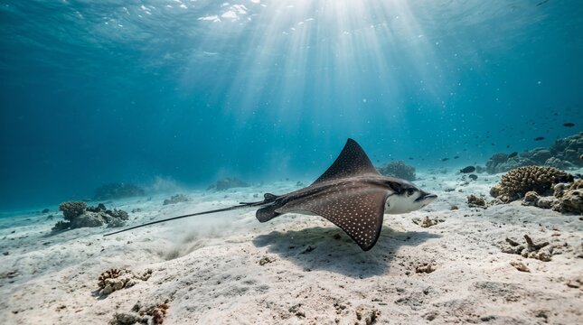 Underwater scene with a stingray swimming.
