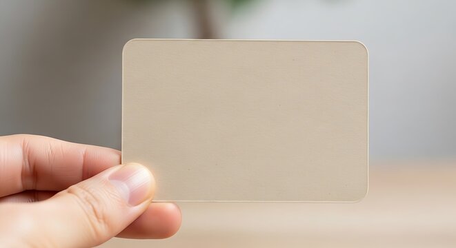 Hand Holding a Blank Beige Business Card with Copy Space Mockup