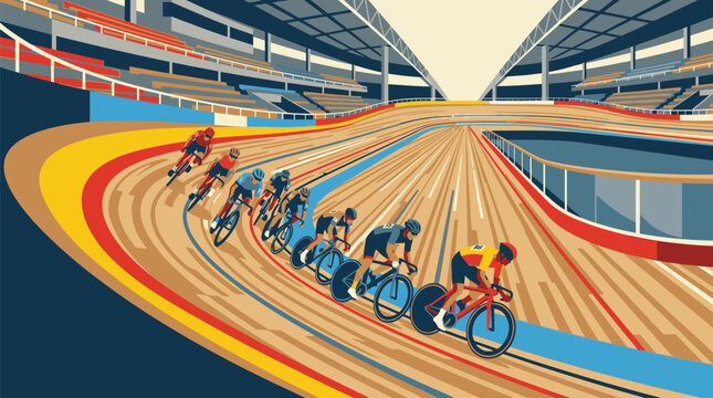 Cyclists Racing on Indoor Velodrome Track.