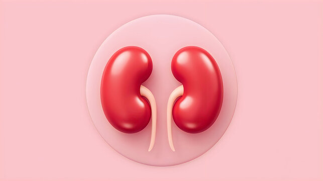 3D soft kidneys icon with connecting ureters on pastel pink background, modern medical illustration, neumorphism style, glossy red finish
