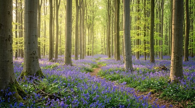 Bluebells in a sunny woodland path