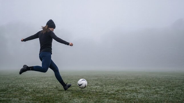 Man kicking soccer ball on foggy field.