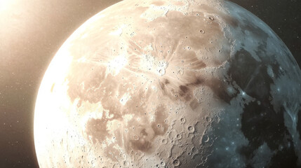 Fototapeta premium Close-up view of the Moon's surface with craters and sunlight illuminating the landscape