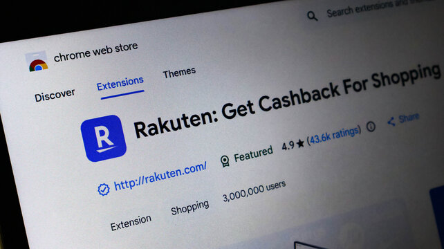 Rakuten get cashback for shopping extension page on the google chrome web store, showing ratings and user count on a laptop screen