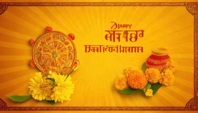 Happy Bisket Jatra festival celebration with flowers and traditional elements.