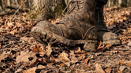 Fototapeta premium Well-worn boots stand among fallen autumn leaves.