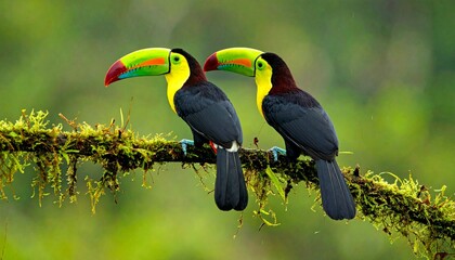 Fototapeta premium Two vibrant toucans sitting together on a branch in a lush tropical environment, showcasing exotic bird beauty and vivid colors.