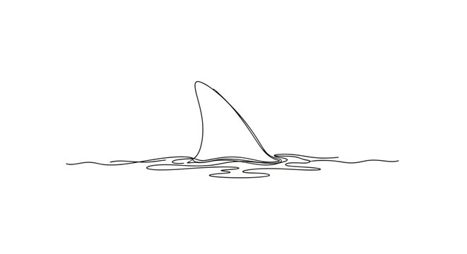Minimalist shark fin emerging from rippling water surface, single line art