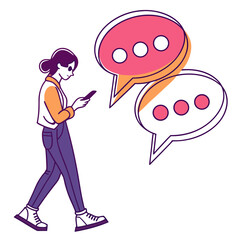 Fototapeta premium Woman walking and using smartphone for messaging.