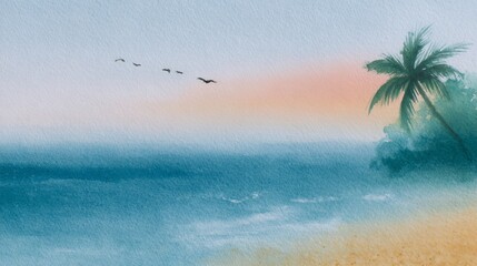 Obraz premium Watercolor painting of tropical beach at dusk with silhouetted palm tree