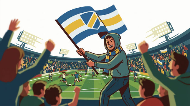 Excited soccer fans cheering in a stadium