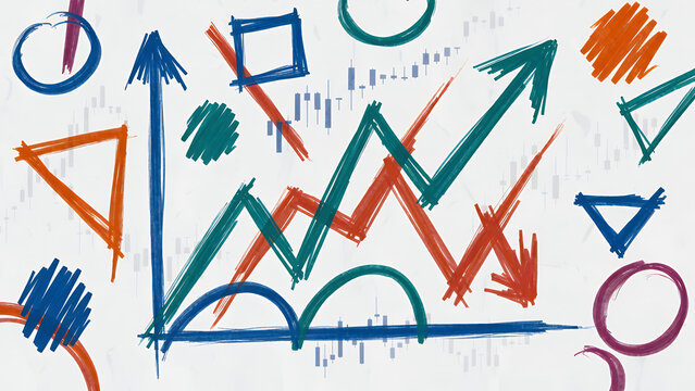 Hand-drawn colorful charts and graphs illustrating data analysis, trends, and business growth with various geometric shapes and arrows on a white background.