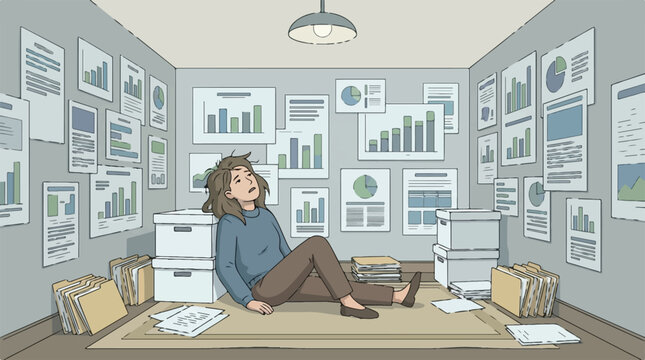 Overwhelmed Woman in Office Surrounded by Documents and Charts