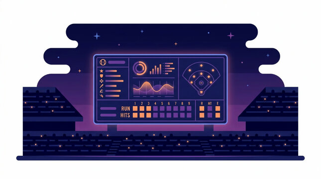 Baseball stadium scoreboard with game analytics at night