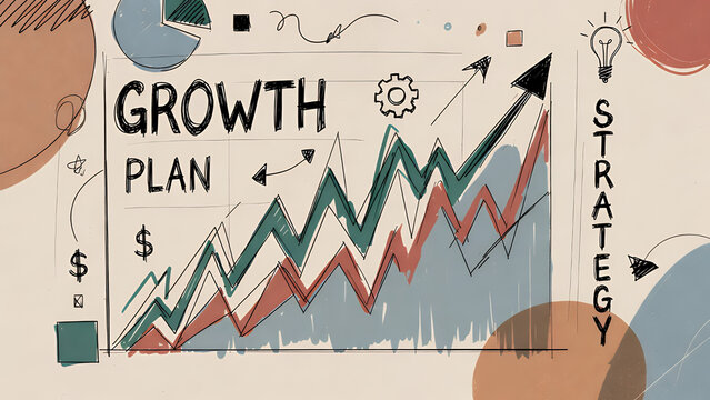 A hand-drawn illustration depicting a business growth plan with an upward trending graph, strategy text, and various icons like a lightbulb, gear, and dollar sign.