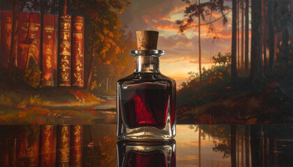 Elegant glass bottle with red liquid against atmospheric background