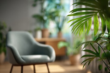 Fototapeta premium Serene living space with plants, armchair bathed in sunlight. Interior design