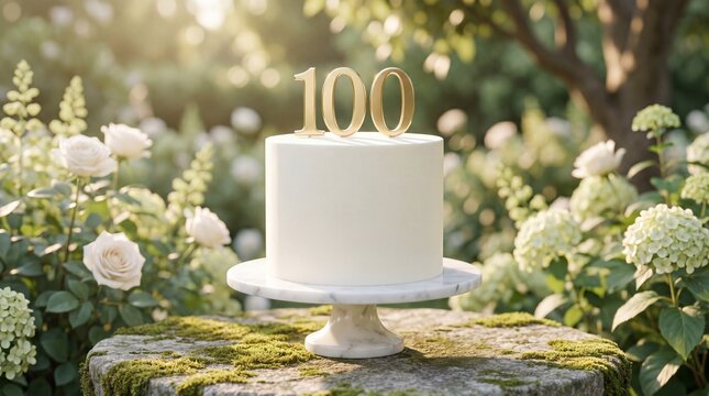 Elegant white celebration cake with gold number 100 topper in a sunlit garden setting, 100th anniversary or birthday milestone cake on a marble stand surrounded by blooming white roses
