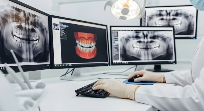 Dentist examining dental X-rays on multiple computer screens