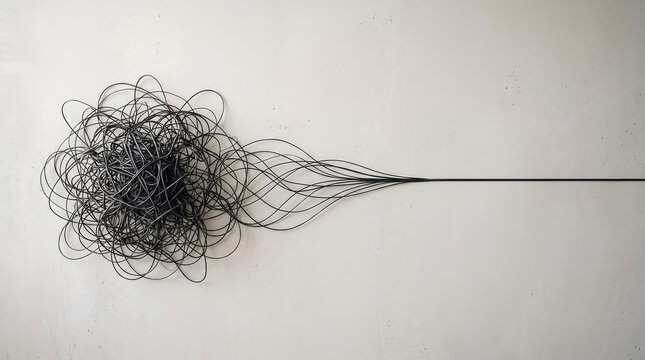 Tangled messy string unravelling into straight line mockup with copyspace. Problem solving marketing template for psychology branding, and simple advertising design.