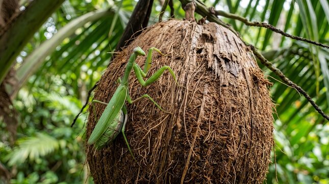Green lizard resting on a textured coconut.