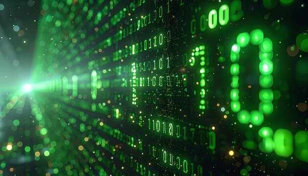 A futuristic digital tunnel with green binary code and light