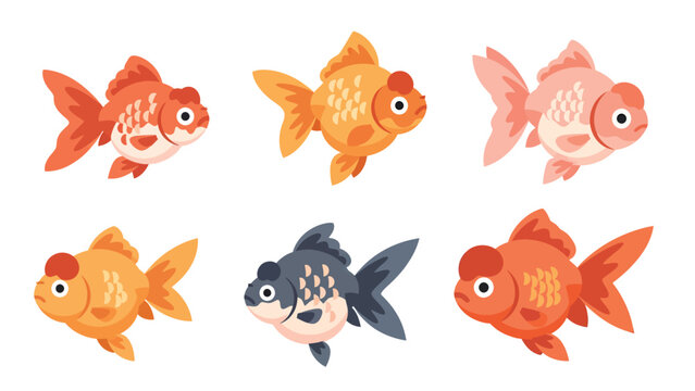 Cute Cartoon Goldfish Vector Set. Colorful Aquarium Fish Collection Isolated on White Background.
