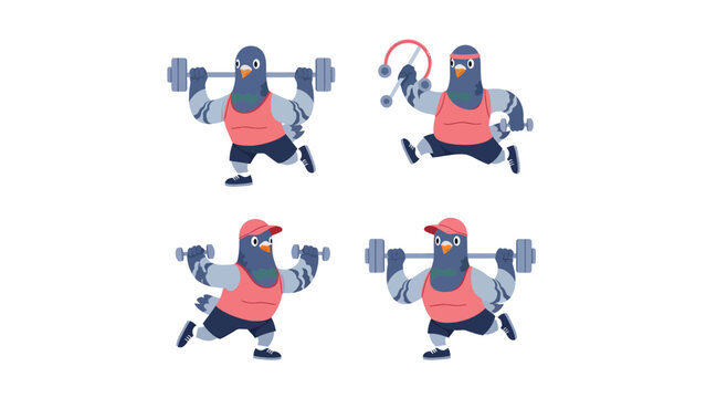 Cartoon Pigeons Exercising Set. Funny Birds Lifting Weights and Training. Vector Fitness Illustration