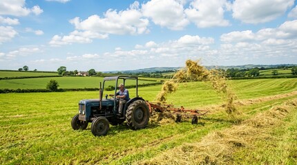 Obraz premium Combine harvester working in a sunny, green field.