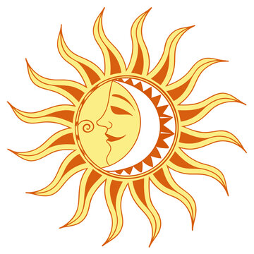 Sun with smiling moon face vector illustration.
