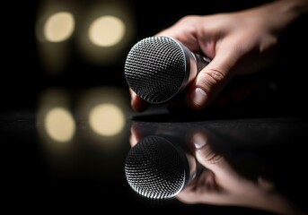 Obraz premium Professional Microphone Held by Hand over Reflective Surface on Stage Background