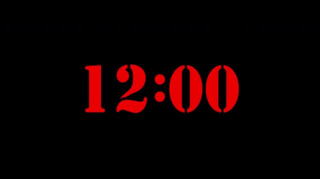Digital Clock 12:00 Time Display on Black Background