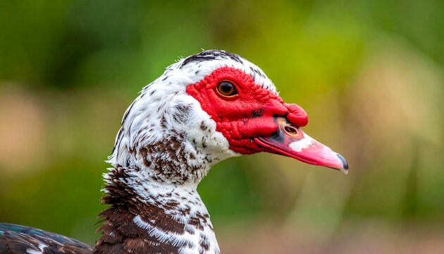 Close-up of a Muscovy duck's head, showing its distinctive red warty face and orange eyes against a soft green background
