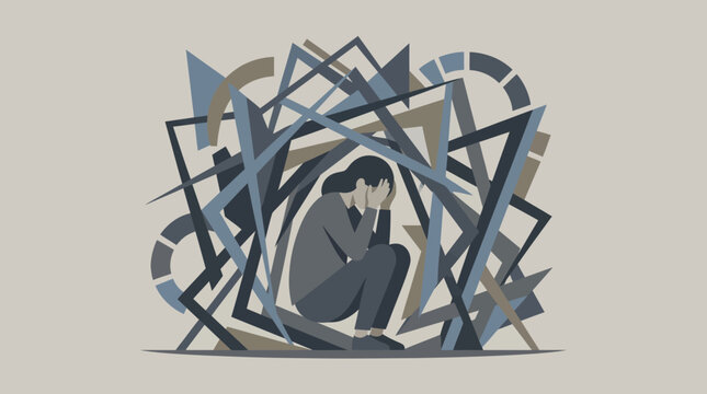 Abstract illustration of a person crouching amid chaotic angular shapes.